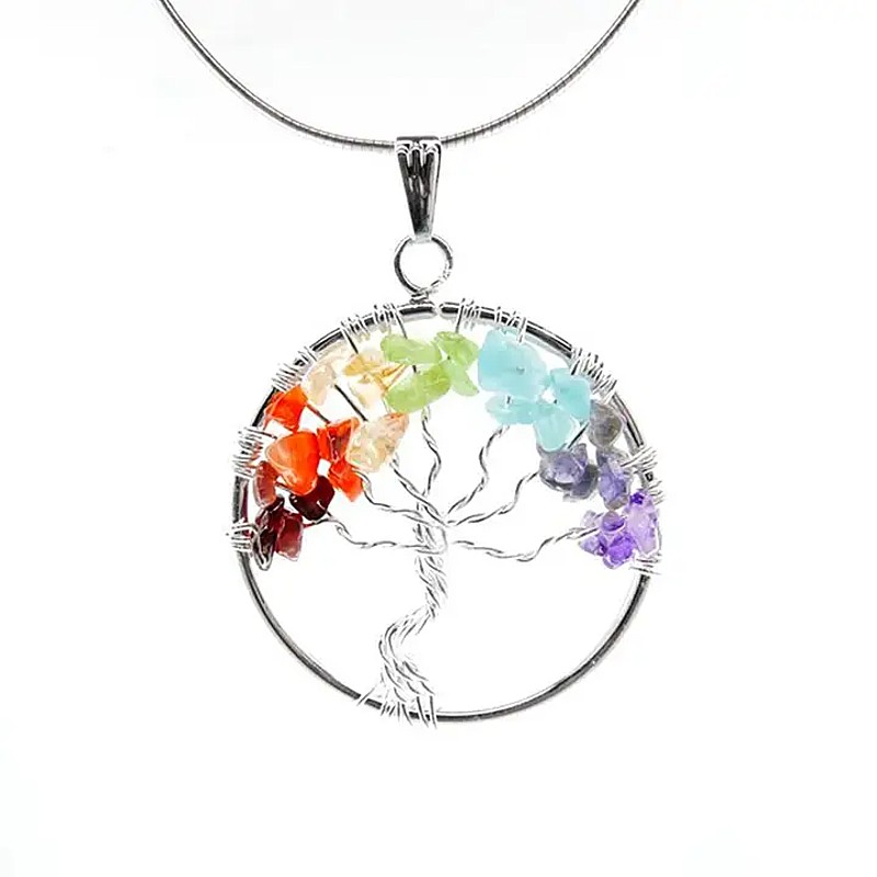 Életfa medál csakrakövekkel, ezüstözött – 4 cm