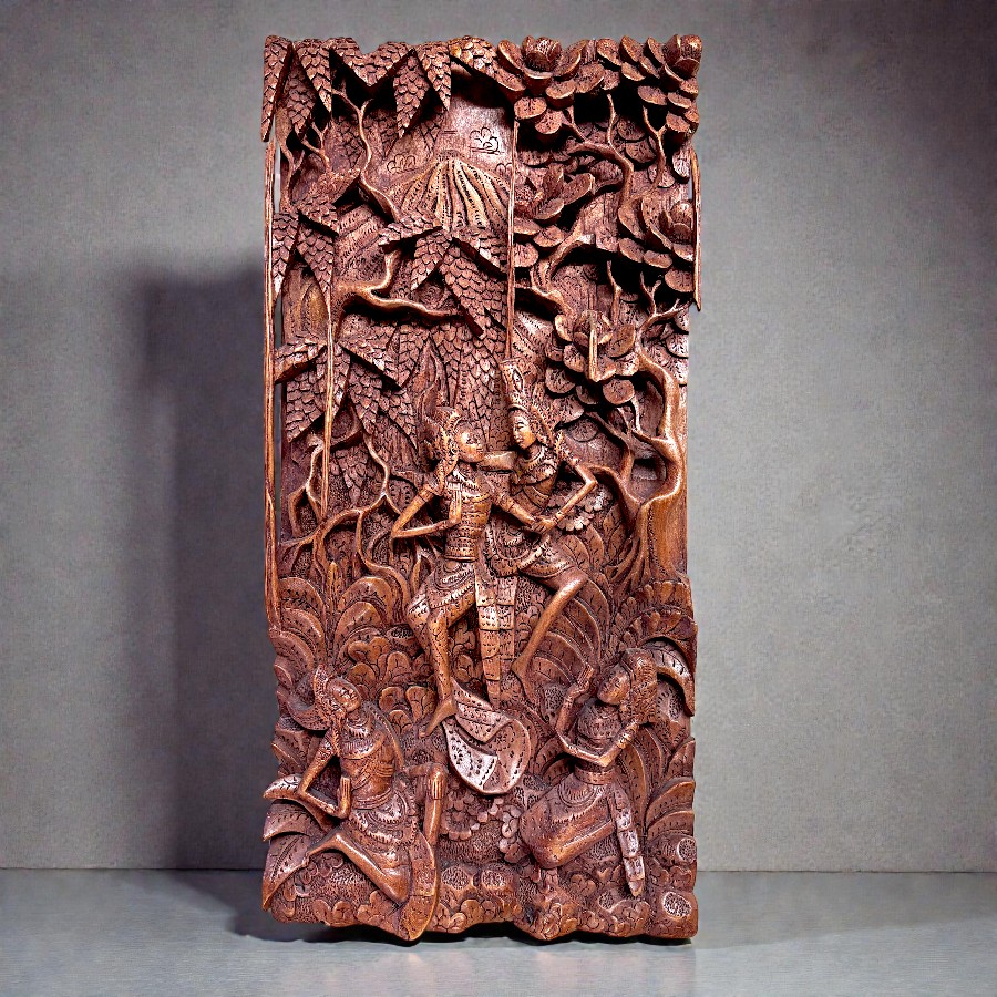 Balinéz kézzel faragott fatábla – Ráma és Szítá ábrázolása (52,5 × 25 × 4 cm)